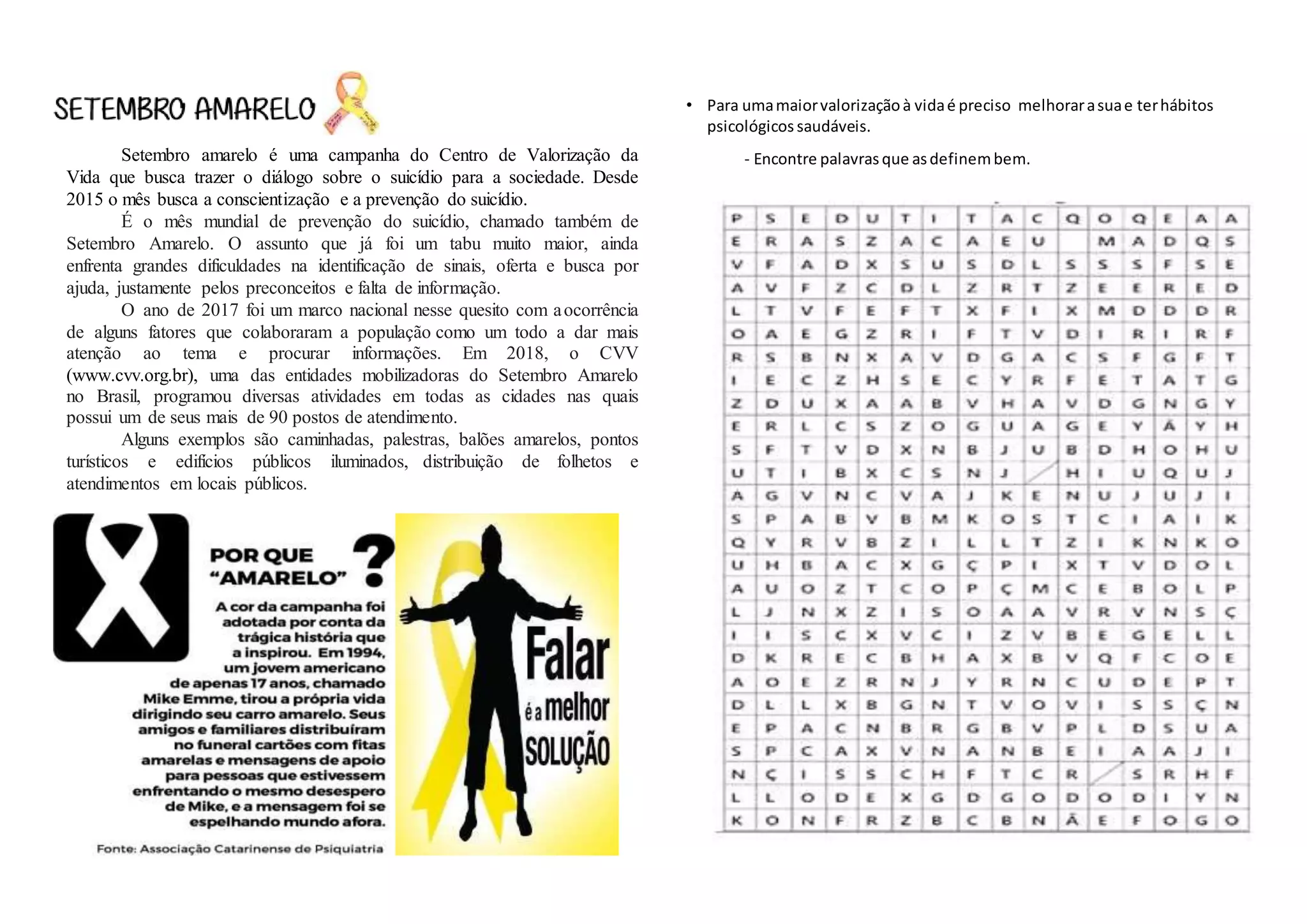 Atividades para as turmas 6 ao 9 anos setembro amarelo | DOCX