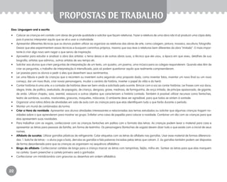 22
propostas de trabalho
Eixo: Linguagem oral e escrita
•	 Colocar as crianças em contato com obras de grande qualidade e solicitar que façam releituras. Fazer a releitura de uma obra não é só produzir uma cópia dela,
pois é preciso interpretar aquilo que se vê e usar a criatividade.
•	 Apresentar diferentes técnicas que os alunos podem utilizar ao organizar as releituras das obras de arte, como colagem, pintura, mosaico, escultura, fotografia.
Deixar que eles experimentem essas técnicas e busquem caminhos próprios, mesmo que isso leve a releituras bem diferentes da obra “imitada”. O mais impor-
tante é criar algo novo sem negar o que serviu de inspiração.
•	 Aproveitar para estudar e analisar a obra dos artistas: o tema dessa e de outras obras suas, a técnica que ele usou, a época em que viveu, detalhes de sua
biografia, artistas que admirou, outros artistas de seu tempo etc.
•	 Solicitar aos alunos que criem perguntas de interpretação de um texto, um quadro, um poema, uma música para os colegas responderem. Quando eles têm de
criar as perguntas, o trabalho de interpretação é intensificado, pois só podem questionar aquilo que realmente compreenderam.
•	 Ler poesias para os alunos e pedir a eles que desenhem seus sentimentos.
•	 Ler uma fábula e pedir às crianças que a recontem ou inventem outra seguindo uma proposta dada, como inventar fatos, inventar um novo final ou um novo
começo, dar um novo título, criar novas personagens, mudar o cenário da história, inverter o papel do vilão e do herói.
•	 Contar histórias é uma arte, e o contador de histórias deve ser bem-vindo e solicitado pelo ouvinte. Brincar com a voz ao contar histórias. Ler frases com voz doce,
alegre, triste, de político, aveludada, de papagaio, de criança, dengosa, grave, medrosa, de formiguinha, de onça irritada, de príncipe apaixonado, de gigante,
de anão. Utilizar chapéu, saia, avental, vassoura e outros objetos que caracterizem a história contada. Também é possível utilizar recursos como fantoches,
teatro de sombras, sucatas, marionetes, gravuras, maquetes, máscaras. O ambiente deve ser agradável, para que todos se sintam à vontade.
•	 Organizar uma rotina diária de atividades em sala de aula com as crianças para que elas identifiquem tudo o que farão durante o período.
•	 Montar um mural de combinados da turma.
•	 Criar a Hora da novidade. Apresentar aos alunos atividades interessantes e relacionadas aos temas estudados ou solicitar que algumas crianças tragam no-
vidades sobre o que aprenderam para mostrar ao grupo. Enfeitar uma caixa de papelão para colocar a novidade. Combinar um dia com as crianças para que
elas apresentem suas novidades.
•	 Para trabalhar com as vogais, confeccionar com as crianças fantoches em palitos com o formato das letras. As crianças podem levar o material para casa e
apresentar as letras para pessoas da família, em forma de teatrinho. Os personagens (fantoches de vogais) devem dizer tudo o que existe com a inicial de seus
nomes.
•	 Alfabeto de sucatas. Utilizar garrafas plásticas de refrigerante. Colar etiquetas com as letras do alfabeto nas garrafas. Usar esse material de formas diferencia-
das: 1. boliche de letras – o aluno joga a bola, derruba as garrafas e fala palavras iniciadas pelas letras que caíram. 2. As garrafas também podem ser dispostas
de forma desordenada para que as crianças as organizem na sequência alfabética.
•	 Bingo do alfabeto. Confeccionar cartelas de bingo para a criança marcar as letras com tampinhas, feijão, milho etc. Sortear as letras para que elas marquem
na cartela. Quem preencher a cartela primeiro será o ganhador.
•	 Confeccionar um minidicionário com gravuras ou desenhos em ordem alfabética.
EE_CCEDINF2_manual.indd 22 9/16/09 4:58:58 PM
 