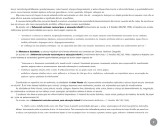7
tivos a tamanho (igual/diferente, grande/pequeno, maior/menor), a largura (largo/estreito), a textura (áspero/liso/macio), a altura (alto/baixo), a quantidade (muito/
pouco, mais/menos) e também explorar as formas geométricas: círculo, quadrado, triângulo, retângulo etc.
Algumas crianças já chegam à escola sabendo contar verbalmente um, dois, três etc., conseguindo distinguir um objeto grande de um pequeno, mas não se
pode afirmar que elas compreendem o significado de tudo o que falam.
A representação gráfica dos numerais deverá ocorrer em uma etapa mais avançada do desenvolvimento da criança, quando ela for capaz de reconhecer
que os números são mera representação simbólica utilizada para nomear quantidades.
De acordo com o Referencial curricular nacional para a educação infantil (Conhecimento de mundo. v. 3. Brasília: MEC/SEF, 1998), o trabalho com a mate-
mática deve garantir oportunidades para que os alunos sejam capazes de:
•	 “reconhecer e valorizar os números, as operações numéricas, as contagens orais e as noções espaciais como ferramentas necessárias no seu cotidiano;
•	 comunicar ideias matemáticas, hipóteses, processos utilizados e resultados encontrados em situações-problema relativas a quantidades, espaço físico e
medida, utilizando a linguagem oral e a linguagem matemática;
•	 ter confiança em suas próprias estratégias e na sua capacidade para lidar com situações matemáticas novas, utilizando seus conhecimentos prévios.”
Em Natureza e Sociedade, os alunos trabalham com temas referentes aos conteúdos de Ciências, História e Geografia.
De acordo com o Referencial curricular nacional para a educação infantil (Conhecimento de mundo. v. 3. Brasília: MEC/SEF, 1998), o objetivo no trabalho com
o eixo Natureza e Sociedade é garantir oportunidades para que os alunos sejam capazes de:
•	 “interessar-se e demonstrar curiosidade pelo mundo social e natural, formulando perguntas, imaginando soluções para compreendê-lo, manifestando
opiniões próprias sobre os acontecimentos, buscando informações e confrontando ideias;
•	 estabelecer algumas relações entre o modo de vida característico de seu grupo social e de outros grupos;
•	 estabelecer algumas relações entre o meio ambiente e as formas de vida que ali se estabelecem, valorizando sua importância para a preservação das
espécies e para a qualidade da vida humana.”
Constituindo um repertório rico em estímulos, as atividades de Artes Visuais são imprescindíveis nos trabalhos aplicados a alunos da pré-escola, sobretudo
no volume 1. É por meio desses trabalhos que a criança consegue expressar seus sentimentos, anseios e as impressões que capta do mundo exterior.
As atividades de Artes Visuais, como pintura, recorte, colagem, desenho livre, dobraduras, entre outras, levam a criança ao desenvolvimento da imaginação,
da criatividade e constituem-se num reforço e num apoio para os trabalhos relativos à leitura e à escrita.
O professor não deve se preocupar em utilizar material dispendioso. O material de sucata (bolinhas, caixas vazias, pedaços de madeira, de tecido, de papel
etc.) pode ser extremamente útil.
De acordo com o Referencial curricular nacional para educação infantil (Conhecimento de Mundo. v. 3. Brasília: MEC/SEF, 1998),
“o objetivo com o trabalho tendo como eixo Artes Visuais é garantir oportunidades para que os alunos sejam capazes de terem suas próprias impressões,
ideias e interpretações sobre a produção de arte e o fazer artístico. Tais construções são elaboradas a partir de suas experiências ao longo da vida, que envolvem
a relação com a produção de arte, com o mundo dos objetos e com seu próprio fazer. As crianças exploram, sentem, agem, refletem e elaboram sentidos de suas
EE_CCEDINF2_manual.indd 7 9/16/09 4:58:56 PM
 