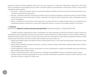 8
experiências. A partir daí constroem significações sobre como se faz, o que é, para que serve e sobre outros conhecimentos a respeito da arte. Artes Visuais
devem ser concebidas como uma linguagem que tem estrutura e características próprias, cuja aprendizagem, no âmbito prático e reflexivo, se dá por meio da
articulação dos seguintes aspectos:
•	 fazer artístico – centrado na exploração, expressão e comunicação de produção de trabalhos de arte por meio de práticas artísticas, propiciando o desen-
volvimento de um percurso de criação pessoal;
•	 apreciação – percepção do sentido que o objeto propõe, articulando-o tanto aos elementos da linguagem visual quanto aos materiais e suportes utilizados,
visando desenvolver, por meio da observação e da fruição, a capacidade de construção de sentido, reconhecimento, análise e identificação de obras de
arte e de seus produtores;
•	 reflexão – considerado tanto no fazer artístico como na apreciação, é um pensar sobre todos os conteúdos do objeto artístico que se manifesta em sala,
compartilhando perguntas e afirmações que a criança realiza instigada pelo professor e no contato com suas próprias produções e as dos artistas”.
Em Movimento:
De acordo com o Referencial curricular nacional para educação infantil (Conhecimento de Mundo. v. 3. Brasília: MEC/SEF, 1998),
“o trabalho contempla a multiplicidade de funções e manifestações do ato motor, propiciando um amplo desenvolvimento de aspectos específicos da
motricidade das crianças, abrangendo uma reflexão acerca das posturas corporais implicadas nas atividades cotidianas, bem como atividades voltadas para a
ampliação da cultura corporal de cada criança. Ao brincar, jogar, imitar e criar ritmos e movimentos, as crianças também se apropriam do repertório da cultura
corporal na qual estão inseridas, sendo assim, os objetivos para se trabalhar com esse eixo temático são:
•	 Ampliar as possibilidades expressivas do próprio movimento, utilizando gestos diversos e o ritmo corporal nas suas brincadeiras, danças, jogos e demais
situações de interação;
•	 Explorar diferentes qualidades e dinâmicas do movimento, como força, velocidade, resistência e flexibilidade, conhecendo gradativamente os limites e
as potencialidades de seu corpo;
•	 Controlar gradualmente o próprio movimento, aperfeiçoando seus recursos de deslocamento e ajustando suas habilidades motoras para utilização em
jogos, brincadeiras, danças e demais situações;
•	 Utilizar os movimentos de preensão, encaixe, lançamento etc., para ampliar suas possibilidades de manuseio dos diferentes materiais e objetos;
•	 Apropriar-se progressivamente da imagem global de seu corpo, conhecendo e identificando seus segmentos e elementos e desenvolvendo cada vez mais
uma atitude de interesse e cuidado com o próprio corpo.
EE_CCEDINF2_manual.indd 8 9/16/09 4:58:56 PM
 