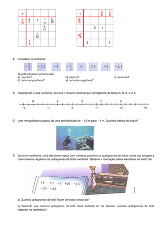 4) Considere os números:
Quantos desses números são:
a) naturais? b) inteiros? c) racionais?
d) racionais positivos? e) racionais negativos?
5) Observando a reta numérica, escreva o número racional que corresponde às letras R, B, S, C e A:
6) Uma mergulhadora passou de uma profundidade de – 4,5 m para – 1 m. Quantos metros ela subiu?
7) Em uma confeitaria, uma atendente marca com números positivos os quilogramas de bolos novos que chegam e
com números negativos os quilogramas de bolos vendidos. Observe a marcação dessa atendente em certo dia:
a) Quantos quilogramas de bolo foram vendidos nesse dia?
b) Sabendo que nenhum quilograma de bolo havia sobrado no dia anterior, quantos quilogramas de bolo
restaram na confeitaria?
 