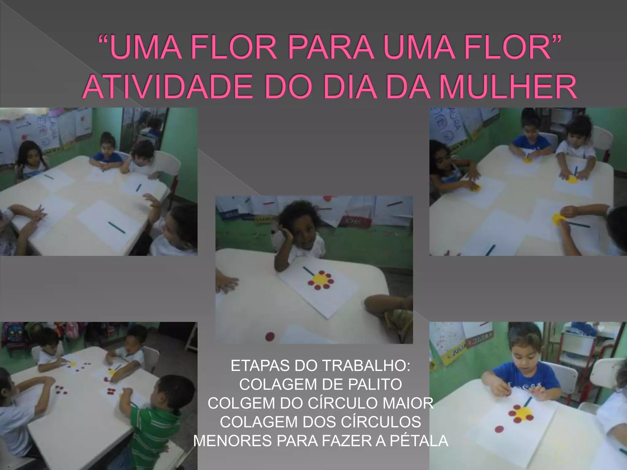 ETAPAS DO TRABALHO:
COLAGEM DE PALITO
COLGEM DO CÍRCULO MAIOR
COLAGEM DOS CÍRCULOS
MENORES PARA FAZER A PÉTALA