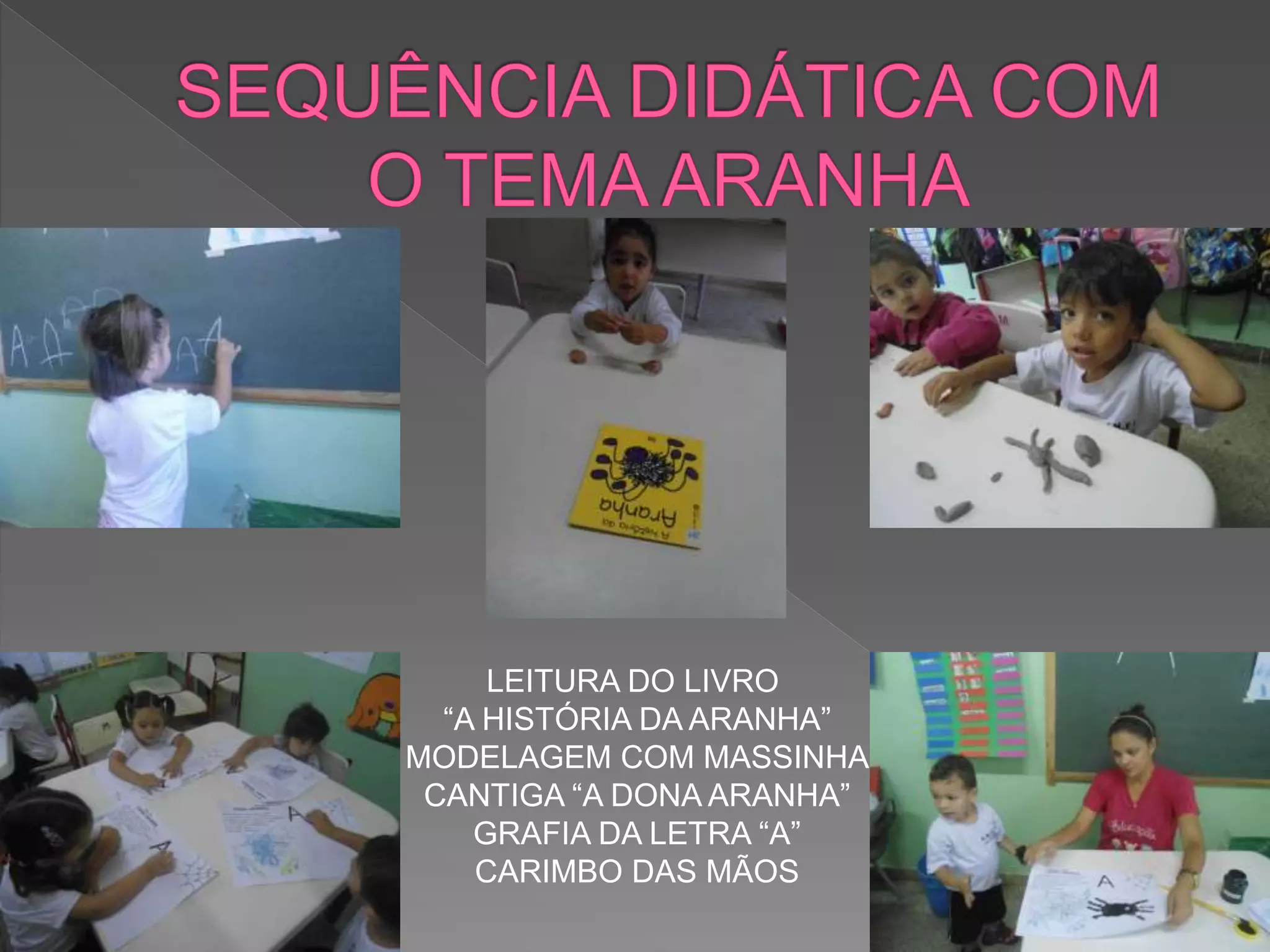 LEITURA DO LIVRO
“A HISTÓRIA DA ARANHA”
MODELAGEM COM MASSINHA
CANTIGA “A DONA ARANHA”
GRAFIA DA LETRA “A”
CARIMBO DAS MÃOS
