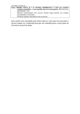 Atividades extraídas de:
Fonte: FREIRE COSTA, D. A & AMARAL RODRIGUES, I. C.KIT para trabalhar
variações ortográficas – o caso específico das trocas homorgânicas. Belo Horizonte,
CPP/FHEMIG, 1993.
Material experimentado com sucesso, durante longo período, nas crianças
encaminhadas à instituição.
(Proibida qualquer reprodução total ou parcial)
Esta cartela será consultada pelo aluno todas as vezes que for necessário e
deverá sempre ser visualizada para que seu conteúdo passe a fazer parte do
dicionário mental do aluno.
 