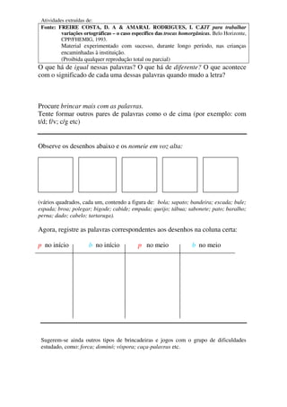 Atividades extraídas de:
 Fonte: FREIRE COSTA, D. A & AMARAL RODRIGUES, I. C.KIT para trabalhar
          variações ortográficas – o caso específico das trocas homorgânicas. Belo Horizonte,
          CPP/FHEMIG, 1993.
          Material experimentado com sucesso, durante longo período, nas crianças
          encaminhadas à instituição.
          (Proibida qualquer reprodução total ou parcial)
O que há de igual nessas palavras? O que há de diferente? O que acontece
com o significado de cada uma dessas palavras quando mudo a letra?



Procure brincar mais com as palavras.
Tente formar outros pares de palavras como o de cima (por exemplo: com
t/d; f/v; c/g etc)


Observe os desenhos abaixo e os nomeie em voz alta:




(vários quadrados, cada um, contendo a figura de: bola; sapato; bandeira; escada; bule;
espada; broa; polegar; bigode; cabide; empada; queijo; tábua; sabonete; pato; baralho;
perna; dado; cabelo; tartaruga).

Agora, registre as palavras correspondentes aos desenhos na coluna certa:

p no início           b no início           p no meio               b no meio




 Sugerem-se ainda outros tipos de brincadeiras e jogos com o grupo de dificuldades
 estudado, como: forca; dominó; víspora; caça-palavras etc.
 