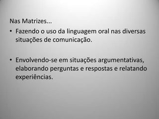 Nas Matrizes...
• Fazendo o uso da linguagem oral nas diversas
  situações de comunicação.

• Envolvendo-se em situações argumentativas,
  elaborando perguntas e respostas e relatando
  experiências.
 