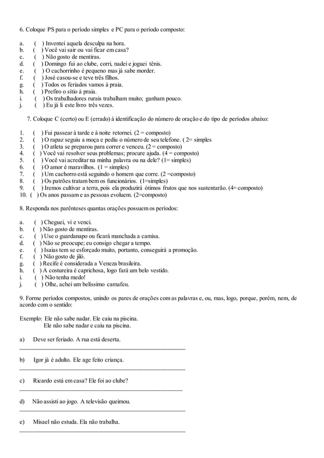Atividades período simple e composto | DOCX