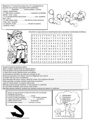 Relacione a 1ª coluna de acordo com a 2ª, completando as
lacunas com uma das conjunções entre parênteses:
( 1 ) ............. filosofava, .......... contava piadas. (ora/ora
 pois/já - porém/mas)
( 2 ) Não entrou no teatro ........................ esqueceu os bilhetes.
(porém - mas – pois)
( 3 ) O acontecimento não foi bom ....................ruim .(portanto
pois - nem)
( 4 ) Não negou nada, .............. não afirmou coisa nenhuma.
( mas nem - porque)
( 5 ) Estudou muito, .......................... irá bem no exame.
( portanto –mas-)



                                                  Encontre no caça abaixo as classificações das conjunções coordenadas sindéticas:




Oração Coordena Sindética Aditiva.
Siga o modelo, classificando as orações abaixo:
O pé de jambo e de jaca são árvores frutíferas. .........................................................................................................
O velho dono do bar resolveu tomar uma atitude. ......................................................................................................
Já atravessa as florestas, já chega aos campos do Ipu. .................................................................................................
Serve aos opulentos com altivez, mas aos indigentes com carinho. .............................................................................
O médico não veio nem me telefonou. .........................................................................................................................
Essa desculpa não serve, porque, afinal de contas, teus negócios vão bem. ................................................................
Pedro aprendeu as lições, portanto pode fazer os exames. ..........................................................................................
João foi à festa ontem, no entanto voltou cedo. ...........................................................................................................
Manoela precisa estudar bastante, ou não passará no vestibular. ................................................................................
As ruas estão molhadas, pois choveu muito ontem. .....................................................................................................
Manoela estudou bastante, portanto tem grandes chances de passar no vestibular. .......................................................

         Numere na copa da árvore ao lado de acordo com a conjunção
         empregada nas lacunas:
         a) Tudo para ele era vencer ................perder.                                                   (   ) Adversativa
         b) Enviou muitas mensagens,.................. não recebeu resposta.                                   (   ) Conclusiva
         c) Seus olhos estão vermelhos .......................... ela chorou.                                  (   ) Alternativa
         d) Mário estudou muito ...................... foi aprovado.                                           (   ) Explicativa
         e) O Marceneiro chegou ............... começou o serviço.                                             (   ) Aditiva
 