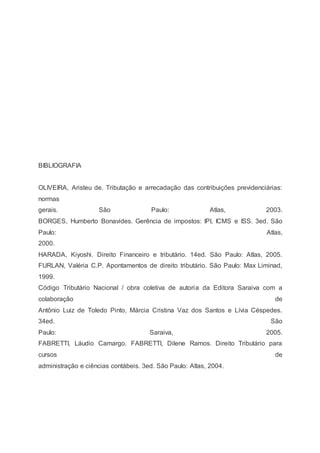 BIBLIOGRAFIA
OLIVEIRA, Aristeu de. Tributação e arrecadação das contribuições previdenciárias:
normas
gerais. São Paulo: Atlas, 2003.
BORGES, Humberto Bonavides. Gerência de impostos: IPI, ICMS e ISS. 3ed. São
Paulo: Atlas,
2000.
HARADA, Kiyoshi. Direito Financeiro e tributário. 14ed. São Paulo: Atlas, 2005.
FURLAN, Valéria C.P. Apontamentos de direito tributário. São Paulo: Max Liminad,
1999.
Código Tributário Nacional / obra coletiva de autoria da Editora Saraiva com a
colaboração de
Antônio Luiz de Toledo Pinto, Márcia Cristina Vaz dos Santos e Lívia Céspedes.
34ed. São
Paulo: Saraiva, 2005.
FABRETTI, Láudio Camargo. FABRETTI, Dilene Ramos. Direito Tributário para
cursos de
administração e ciências contábeis. 3ed. São Paulo: Atlas, 2004.
 