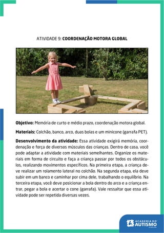 ATIVIDADE 9: COORDENAÇÃO MOTORA GLOBAL
Objetivo: Memória de curto e médio prazo, coordenação motora global.
Materiais: Colchão, banco, arco, duas bolas e um minicone (garrafa PET).
Desenvolvimento da atividade: Essa atividade exigirá memória, coor-
denação e força de diversos músculos das crianças. Dentro de casa, você
pode adaptar a atividade com materiais semelhantes. Organize os mate-
riais em forma de circuito e faça a criança passar por todos os obstácu-
los, realizando movimentos específicos. Na primeira etapa, a criança de-
ve realizar um rolamento lateral no colchão. Na segunda etapa, ela deve
subir em um banco e caminhar por cima dele, trabalhando o equilíbrio. Na
terceira etapa, você deve posicionar a bola dentro do arco e a criança en-
trar, pegar a bola e acertar o cone (garrafa). Vale ressaltar que essa ati-
vidade pode ser repetida diversas vezes.
 