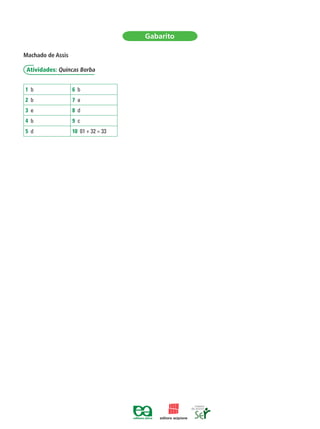 Gabarito
Machado de Assis
Atividades: Quincas Borba
1 b 6 b
2 b 7 a
3 e 8 d
4 b 9 c
5 d 10 01 + 32 = 33
 