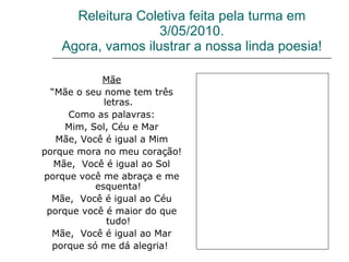 Releitura Coletiva feita pela turma em 3/05/2010. Agora, vamos ilustrar a nossa linda poesia! Mãe “ Mãe o seu nome tem três letras. Como as palavras: Mim, Sol, Céu e Mar Mãe, Você é igual a Mim porque mora no meu coração! Mãe,  Você é igual ao Sol porque você me abraça e me esquenta! Mãe,  Você é igual ao Céu porque você é maior do que tudo! Mãe,  Você é igual ao Mar porque só me dá alegria!  