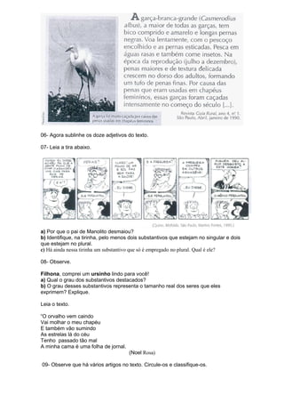 06- Agora sublinhe os doze adjetivos do texto. 
07- Leia a tira abaixo. 
a) Por que o pai de Manolito desmaiou? 
b) Identifique, na tirinha, pelo menos dois substantivos que estejam no singular e dois 
que estejam no plural. 
c) Há ainda nessa tirinha um substantivo que só é empregado no plural. Qual é ele? 
08- Observe. 
Filhona, comprei um ursinho lindo para você! 
a) Qual o grau dos substantivos destacados? 
b) O grau desses substantivos representa o tamanho real dos seres que eles 
exprimem? Explique. 
Leia o texto. 
“O orvalho vem caindo 
Vai molhar o meu chapéu 
E também vão sumindo 
As estrelas lá do céu 
Tenho passado tão mal 
A minha cama é uma folha de jornal. 
(Noel Rosa) 
09- Observe que há vários artigos no texto. Circule-os e classifique-os. 
