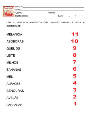 ESCOLA:____________________________________________________________
NOME:______________________________________________________________
TURMA:__________________________TURNO:____________________________
PROFESSORA:_____________________________DATA:______/_____/________
LEIA A LISTA DOS ALIMENTOS QUE CAMILÃO GANHOU E LIGUE À
QUANTIDADE:
MELANCIA
ABÓBORAS
QUEIJOS
LEITE
MILHOS
BANANAS
MEL
ALFACES
CENOURAS
AVELÃS
LARANJAS
 