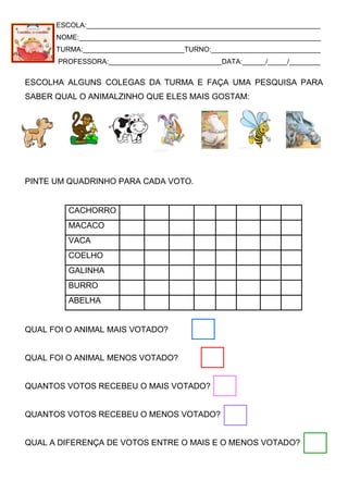 ESCOLA:____________________________________________________________
NOME:______________________________________________________________
TURMA:__________________________TURNO:____________________________
PROFESSORA:_____________________________DATA:______/_____/________
ESCOLHA ALGUNS COLEGAS DA TURMA E FAÇA UMA PESQUISA PARA
SABER QUAL O ANIMALZINHO QUE ELES MAIS GOSTAM:
PINTE UM QUADRINHO PARA CADA VOTO.
CACHORRO
MACACO
VACA
COELHO
GALINHA
BURRO
ABELHA
QUAL FOI O ANIMAL MAIS VOTADO?
QUAL FOI O ANIMAL MENOS VOTADO?
QUANTOS VOTOS RECEBEU O MAIS VOTADO?
QUANTOS VOTOS RECEBEU O MENOS VOTADO?
QUAL A DIFERENÇA DE VOTOS ENTRE O MAIS E O MENOS VOTADO?
 