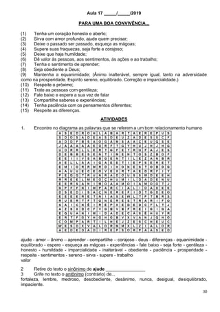30
Aula 17 _____/_____/2019
PARA UMA BOA CONVIVÊNCIA...
(1) Tenha um coração honesto e aberto;
(2) Sirva com amor profundo, ajude quem precisar;
(3) Deixe o passado ser passado, esqueça as mágoas;
(4) Supere suas fraquezas, seja forte e corajoso;
(5) Deixe que haja humildade;
(6) Dê valor ás pessoas, aos sentimentos, ás ações e ao trabalho;
(7) Tenha o sentimento de aprender;
(8) Seja obediente a Deus;
(9) Mantenha a equanimidade; (Ânimo inalterável, sempre igual, tanto na adversidade
como na prosperidade. Espírito sereno, equilibrado. Correção e imparcialidade.)
(10) Respeite o próximo;
(11) Trate as pessoas com gentileza;
(12) Fale baixo e espere a sua vez de falar
(13) Compartilhe saberes e experiências;
(14) Tenha paciência com os pensamentos diferentes;
(15) Respeite as diferenças.
ATIVIDADES
1. Encontre no diagrama as palavras que se referem a um bom relacionamento humano
ajude - amor – ânimo – aprender - compartilhe – corajoso - deus - diferenças - equanimidade -
equilibrado - espere - esqueça as mágoas - experiências - fale baixo - seja forte - gentileza -
honesto - humildade - imparcialidade - inalterável - obediente - paciência - prosperidade -
respeite - sentimentos - sereno - sirva - supere - trabalho
valor
2 Retire do texto o sinônimo de ajude ________________
3 Grife no texto o antônimo (contrário) de...
fortaleza, lembre, medroso, desobediente, desânimo, nunca, desigual, desiquilibrado,
impaciente.
 