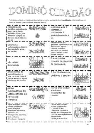 50
Pinte de cores iguais as frases que se completam, recorte apenas nas linhas pontilhadas, cole no caderno em
forma de dominó. (use duas folhas para ficar bonito)
é aquele que se
identifica culturalmente
como parte de um
território, usufrui dos
direitos e cumpre os
deveres estabelecidos
em lei.
o direito à vida, à
liberdade, à
propriedade, à
igualdade perante a
lei.
Garantem a
participação no destino
da sociedade, votar,
ser votado.
são os direitos que
garantem a participação do
indivíduo na riqueza
coletiva: o direito à
educação, ao trabalho
justo, à saúde, a uma
velhice tranquila
não existe
democracia
é a expressão
concreta do exercício
da democracia.
ter consciência de
suas obrigações e
lutar para que o que é
justo e o correto sejam
colocados em prática
é ter direitos civis,
políticos e sociais.
A
começou
com a
Independência dos
Estados Unidos e a
Revolução
Francesa.
reserva cinco capítulos
aos direitos
fundamentais do
cidadão
Saúde, educação, moradia,
trabalho, previdência
social, proteção à
maternidade e à infância,
assistência aos
desamparados, segurança,
lazer, vestuário,
alimentação e transporte
• Votar para escolher
nossos governantes.
• Cumprir as leis.
• Respeitar os direitos
sociais de outras pessoas.
• Educar e proteger nossos
semelhantes.
• Proteger a natureza.
 