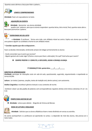 42
-Quantas vezes abrimos a boca para falar a palavra...
LENDO E COMPREENDENDO
Atividade: Fazer um caça palavras no texto.
AQUISIÇÃO DA ESCRITA
Atividade: Apresentar aos alunos atividade
quadro com palavras para que os alunos respondam: quantas letras, letra inicial, final, quantas vezes abre a
boca para pronunciar a palavra.
ESCREVENDO DO SEU JEITO
-> Atividade: O professor forma uma roda, com alfabeto móvel ao centro. Explica aos alunos que ao ditar
uma palavra alguém se candidata a formá-la com alfabeto móvel.
* Convidar aqueles que não se dispuserem .
Fazer as devidas intervenções, lembrando sempre de indagar primeiramente os alunos:
- Vocês concordam que é assim que escreve?
- Alguém gostaria de mudar algo? (Chama o aluno para fazer a alteração). Por quê? Você acha que é assim?
 SEMPRE PROPOR O CONFLITO, A REFLEXÃO, ASSIM A CRIANÇA AVANÇA
7ª SEMANA/3º DIA: quinta-feira ____/_____/______
DIREITOS DE APRENDIZAGEM
Oralidade: participar de interações orais em sala de aula, questionando, sugerindo, argumentando e respeitando os
turnos de fala.
Leitura: Ler textos ( poemas, canções, textos de tradição oral, dentre outros), com autonomia.
Análise Linguística: reconhecer gêneros textuais e seus contextos de escrita.
-Conhecer e fazer uso das grafias de palavras com correspondências regulares diretas entre letras e fonemas ( P, B, T, D,
F,V).
TEMPO PARA GOSTAR DE LER
 Atividade: Leitura para deleite - Biografia de Vinícius de Moraes
RODA DE LEITURA E ORALIDADE
 Atividade: Solicitar que os alunos alfabéticos leiam o texto dividindo em versos ou estrofes.
Os outros acompanham e a professora vai apontando no cartaz. ( a depender do nível dos alunos, não precisa ser o
texto todo).
 