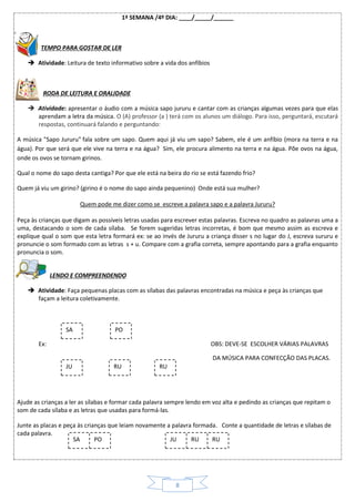 8
1ª SEMANA /4º DIA: ____/_____/______
TEMPO PARA GOSTAR DE LER
 Atividade: Leitura de texto informativo sobre a vida dos anfíbios
RODA DE LEITURA E ORALIDADE
 Atividade: apresentar o áudio com a música sapo jururu e cantar com as crianças algumas vezes para que elas
aprendam a letra da música. O (A) professor (a ) terá com os alunos um diálogo. Para isso, perguntará, escutará
respostas, continuará falando e perguntando:
A música "Sapo Jururu" fala sobre um sapo. Quem aqui já viu um sapo? Sabem, ele é um anfíbio (mora na terra e na
água). Por que será que ele vive na terra e na água? Sim, ele procura alimento na terra e na água. Põe ovos na água,
onde os ovos se tornam girinos.
Qual o nome do sapo desta cantiga? Por que ele está na beira do rio se está fazendo frio?
Quem já viu um girino? (girino é o nome do sapo ainda pequenino) Onde está sua mulher?
Quem pode me dizer como se escreve a palavra sapo e a palavra Jururu?
Peça às crianças que digam as possíveis letras usadas para escrever estas palavras. Escreva no quadro as palavras uma a
uma, destacando o som de cada sílaba. Se forem sugeridas letras incorretas, é bom que mesmo assim as escreva e
explique qual o som que esta letra formará ex: se ao invés de Jururu a criança disser s no lugar do J, escreva sururu e
pronuncie o som formado com as letras s + u. Compare com a grafia correta, sempre apontando para a grafia enquanto
pronuncia o som.
LENDO E COMPREENDENDO
 Atividade: Faça pequenas placas com as sílabas das palavras encontradas na música e peça às crianças que
façam a leitura coletivamente.
Ex: OBS: DEVE-SE ESCOLHER VÁRIAS PALAVRAS
DA MÚSICA PARA CONFECÇÃO DAS PLACAS.
Ajude as crianças a ler as sílabas e formar cada palavra sempre lendo em voz alta e pedindo as crianças que repitam o
som de cada sílaba e as letras que usadas para formá-las.
Junte as placas e peça às crianças que leiam novamente a palavra formada. Conte a quantidade de letras e sílabas de
cada palavra.
SA PO
JU RU RU
SA PO JU RU RU
 
