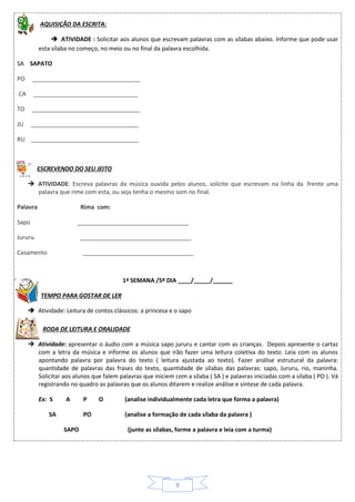 9
AQUISIÇÃO DA ESCRITA:
 ATIVIDADE : Solicitar aos alunos que escrevam palavras com as sílabas abaixo. Informe que pode usar
esta sílaba no começo, no meio ou no final da palavra escolhida.
SA SAPATO
PO _________________________________
CA ________________________________
TO _________________________________
JU _________________________________
RU _________________________________
ESCREVENDO DO SEU JEITO
 ATIVIDADE: Escreva palavras da música ouvida pelos alunos, solicite que escrevam na linha da frente uma
palavra que rime com esta, ou seja tenha o mesmo som no final.
Palavra Rima com:
Sapo __________________________________
Jururu __________________________________
Casamento __________________________________
1ª SEMANA /5º DIA ____/_____/______
TEMPO PARA GOSTAR DE LER
 Atividade: Leitura de contos clássicos: a princesa e o sapo
RODA DE LEITURA E ORALIDADE
 Atividade: apresentar o áudio com a música sapo jururu e cantar com as crianças. Depois apresente o cartaz
com a letra da música e informe os alunos que irão fazer uma leitura coletiva do texto. Leia com os alunos
apontando palavra por palavra do texto ( leitura ajustada ao texto). Fazer análise estrutural da palavra:
quantidade de palavras das frases do texto, quantidade de sílabas das palavras: sapo, Jururu, rio, maninha.
Solicitar aos alunos que falem palavras que iniciem com a sílaba ( SA ) e palavras iniciadas com a sílaba ( PO ). Vá
registrando no quadro as palavras que os alunos ditarem e realize análise e síntese de cada palavra.
Ex: S A P O (analise individualmente cada letra que forma a palavra)
SA PO (analise a formação de cada sílaba da palavra )
SAPO (junte as sílabas, forme a palavra e leia com a turma)
 