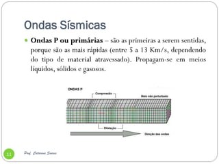 Ondas Sísmicas
      Ondas P ou primárias – são as primeiras a serem sentidas,
         porque são as mais rápidas (entre 5 a 13 Km/s, dependendo
         do tipo de material atravessado). Propagam-se em meios
         líquidos, sólidos e gasosos.




11   Prof. Catarina Soares
 