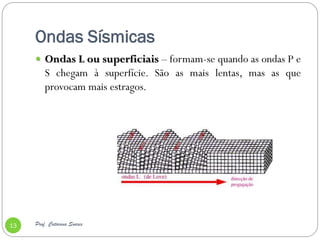 Ondas Sísmicas
      Ondas L ou superficiais – formam-se quando as ondas P e
         S chegam à superfície. São as mais lentas, mas as que
         provocam mais estragos.




13   Prof. Catarina Soares
 