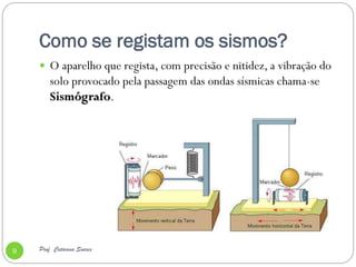 Como se registam os sismos?
     O aparelho que regista, com precisão e nitidez, a vibração do
        solo provocado pela passagem das ondas sísmicas chama-se
        Sismógrafo.




9   Prof. Catarina Soares
 