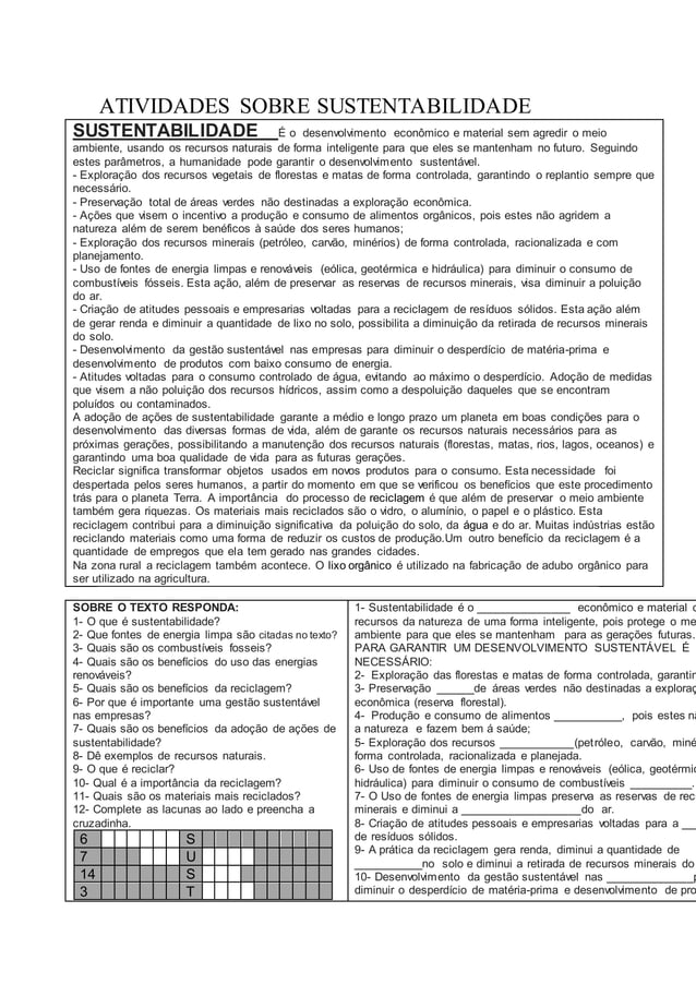 Atividades sobre sustentabilidade | DOCX
