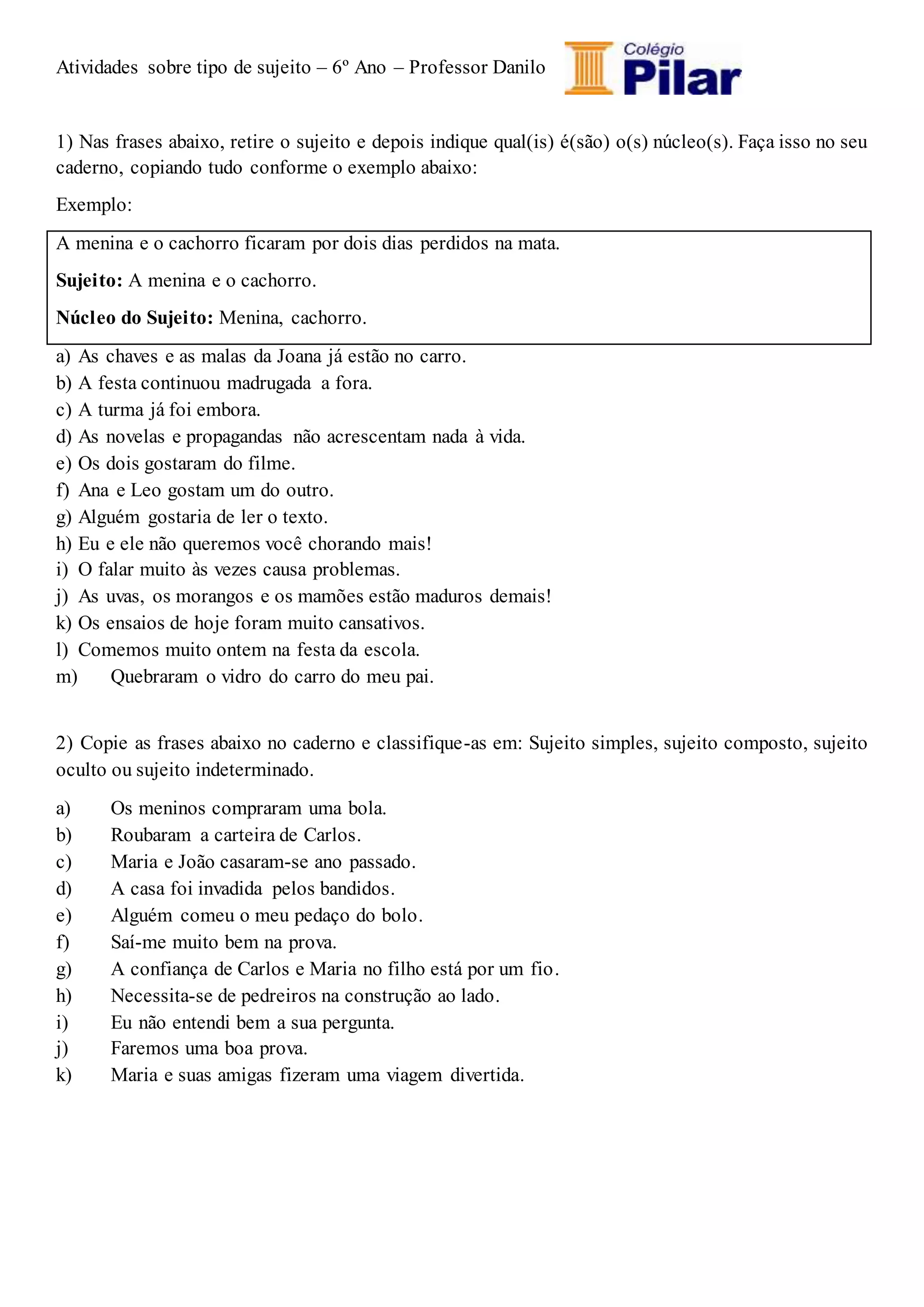 Atividade Tipos De Sujeito 7 Ano - BINKEDU