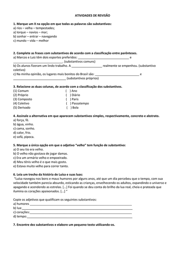 Atividade substantivo e adjetivo 6 ano | DOC