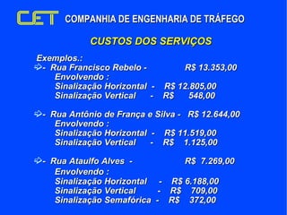 CUSTOS DOS SERVIÇOS <ul><li>Exemplos.: </li></ul><ul><li>-  Rua Francisco Rebelo -  R$ 13.353,00 Envolvendo :  Sinalização...