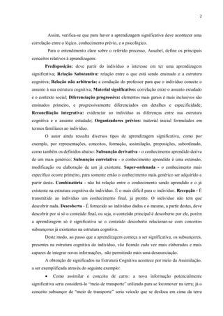 2
Assim, verifica-se que para haver a aprendizagem significativa deve acontecer uma
correlação entre o lógico, conhecimento prévio, e o psicológico.
Para o entendimento claro sobre o referido processo, Ausubel, define os principais
conceitos relativos à aprendizagem:
Predisposição: deve partir do indivíduo o interesse em ter uma aprendizagem
significativa; Relação Substantiva: relação entre o que está sendo ensinado e a estrutura
cognitiva; Relação não arbitraria: a condução do professor para que o indivíduo conecte o
assunto à sua estrutura cognitiva; Material significativo: correlação entre o assunto estudado
e o contexto social; Diferenciação progressiva: elementos mais gerais e mais inclusivos são
ensinados primeiro, e progressivamente diferenciados em detalhes e especificidade;
Reconciliação integrativa: evidenciar ao indivíduo as diferenças entre sua estrutura
cognitiva e o assunto estudado; Organizadores prévios: material inicial formulados em
termos familiares ao indivíduo.
O autor ainda ressalta diversos tipos de aprendizagem significativa, como por
exemplo, por representações, conceitos, formação, assimilação, proposições, subordinado,
como também os definidos abaixo: Subsunção derivativa - o conhecimento aprendido deriva
de um mais genérico; Subsunção correlativa - o conhecimento aprendido é uma extensão,
modificação ou elaboração de um já existente. Super-ordenada - o conhecimento mais
específico ocorre primeiro, para somente então o conhecimento mais genérico ser adquirido a
partir deste. Combinatória - não há relação entre o conhecimento sendo aprendido e o já
existente na estrutura cognitiva do indivíduo. É o mais difícil para o indivíduo. Recepção - É
transmitido ao indivíduo um conhecimento final, já pronto. O indivíduo não tem que
descobrir nada. Descoberta - É fornecido ao indivíduo dados e o mesmo, a partir destes, deve
descobrir por si só o conteúdo final, ou seja, o conteúdo principal é descoberto por ele, porém
a aprendizagem só é significativa se o conteúdo descoberto relacionar-se com conceitos
subsunçores já existentes na estrutura cognitiva.
Deste modo, ao passo que a aprendizagem começa a ser significativa, os subsunçores,
presentes na estrutura cognitiva do indivíduo, vão ficando cada vez mais elaborados e mais
capazes de integrar novas informações, não permitindo mais uma desassociação.
A obtenção de significados na Estrutura Cognitiva acontece por meio da Assimilação,
a ser exemplificada através do seguinte exemplo:
 Como assimilar o conceito de carro: a nova informação potencialmente
significativa seria considerá-lo “meio de transporte” utilizado para se locomover na terra; já o
conceito subsunçor de “meio de transporte” seria veículo que se desloca em cima da terra
 