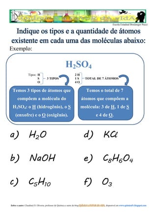 Escola Estadual Boulanger Pucci
Indique os tipos e a quantidade de átomos
existente em cada uma das moléculas abaixo:
Exemplo:
H2SO4
Tipos: H 2 H
S 3 TIPOS 1 S TOTAL DE 7 ÁTOMOS
O 4 O
Temos 3 tipos de átomos que
compõem a molécula do
H2SO4: o H (hidrogênio), o S
(enxofre) e o O (oxigênio).
Temos o total de 7
átomos que compõem a
molécula: 3 de H, 1 de S
e 4 de O.
a) H2O
b) NaOH
c) C5H10
d) KCl
e) C8H6O4
f) O3
Sobre o autor: Claudinei O. Oliveira, professor de Química e autor do blog , disponível emQuÍmIcA a FaVoR dA vIdA www.quimicafv.blogspot.com
 