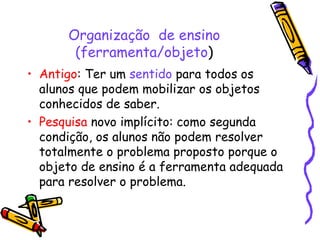Organização  de ensino (ferramenta/objeto ) Antigo : Ter um  sentido  para todos os alunos que podem mobilizar os objetos conhecidos de saber. Pesquisa   novo implícito: como segunda condição, os alunos não podem resolver totalmente o problema proposto porque o objeto de ensino é a ferramenta adequada para resolver o problema.  