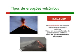 As erupções mistas têm períodos
alternadamente efusivos e
explosivos.
O cone tem camadas alternadas de
piroclastos e lava solidificada.
A lava tem graus intermédios de
viscosidade.
Tipos de erupções vulcânicas
ERUPÇÃO MISTA 
 