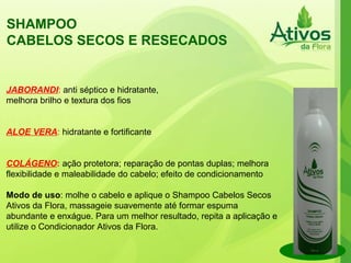 SHAMPOO  CABELOS SECOS E RESECADOS  JABORANDI :  anti séptico e hidratante, melhora brilho e textura dos fios ALOE VERA :  hidratante e fortificante COLÁGENO :  ação protetora; reparação de pontas duplas; melhora  flexibilidade e maleabilidade do cabelo; efeito de condicionamento Modo de uso : molhe o cabelo e aplique o Shampoo Cabelos Secos Ativos da Flora, massageie suavemente até formar espuma abundante e enxágue. Para um melhor resultado, repita a aplicação e utilize o Condicionador Ativos da Flora. 