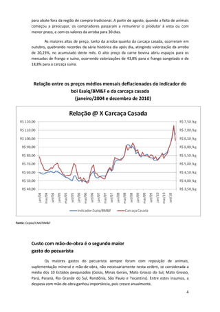 para abate fora da região de compra tradicional. A partir de agosto, quando a falta de animais
         começou a preocupar, os compradores passaram a remunerar o produtor à vista ou com
         menor prazo, e com os valores da arroba para 30 dias.

                As maiores altas de preço, tanto da arroba quanto da carcaça casada, ocorreram em
         outubro, quebrando recordes da série histórica dia após dia, atingindo valorização da arroba
         de 20,23%, no acumulado deste mês. O alto preço da carne bovina abriu espaços para os
         mercados de frango e suíno, ocorrendo valorizações de 43,8% para o frango congelado e de
         18,8% para a carcaça suína.



          Relação entre os preços médios mensais deflacionados do indicador do
                           boi Esalq/BM&F e da carcaça casada
                             (janeiro/2004 e dezembro de 2010)




Fonte: Cepea/CNA/BM&F




         Custo com mão-de-obra é o segundo maior
         gasto do pecuarista
                Os maiores gastos do pecuarista sempre foram com reposição de animais,
         suplementação mineral e mão-de-obra, não necessariamente nesta ordem, se considerada a
         média dos 10 Estados pesquisados (Goiás, Minas Gerais, Mato Grosso do Sul, Mato Grosso,
         Pará, Paraná, Rio Grande do Sul, Rondônia, São Paulo e Tocantins). Entre estes insumos, a
         despesa com mão-de-obra ganhou importância, pois cresce anualmente.
                                                                                                     4
 