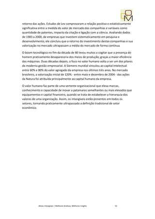 retorno das ações. Estudos de Lev comprovaram a relação positiva e estatisticamente
significativa entre a medida do valor de mercado das companhias e variáveis como
quantidade de patentes, impacto da citação e ligação com a ciência. Avaliando dados
de 1983 a 2000, de empresas que investem sistematicamente em pesquisa e
desenvolvimento, ele concluiu que o retorno do investimento destas companhias e sua
valorização no mercado ultrapassam a média do mercado de forma contínua.

O boom tecnológico no fim da década de 80 levou muitos a cogitar que a presença do
homem praticamente desapareceria dos meios de produção, graças a maior eficiência
das máquinas. Duas décadas depois, o foco no valor humano volta a ser um dos pilares
da moderna gestão empresarial. A Siemens mundial vinculou ao capital intelectual
entre 60% e 80% do valor agregado da empresa nos últimos três anos. No mercado
brasileiro, a valorização inicial de 120% - entre maio e dezembro de 2004 - das ações
da Natura foi atribuída principalmente ao capital humano da empresa.

O valor humano faz parte de uma vertente organizacional que eleva marcas,
conhecimento e capacidade de inovar a patamares semelhantes ou mais elevados que
equipamentos e capital financeiro, quando se trata de estabelecer a hierarquia dos
valores de uma organização. Assim, os intangíveis estão presentes em todos os
setores, tornando praticamente ultrapassada a definição tradicional de setor
econômico.




            Ativos Intangíveis | Melhores Análises, Melhores Insights   52
 