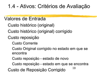 1.4 - Ativos: Critérios de Avaliação 
Valores de Entrada 
Custo histórico (original) 
Custo histórico (original) corrigido 
Custo reposição 
Custo Corrente 
Custo Original corrigido no estado em que se 
encontra 
Custo reposição - estado de novo 
Custo reposição - estado em que se encontra 
10 
Custo de Reposição Corrigido 
 