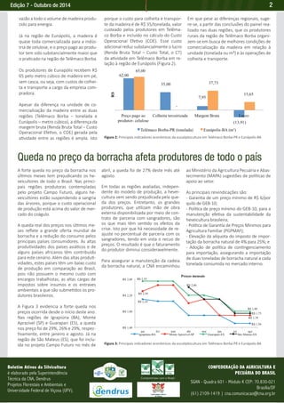 Edição 7 - Outubro de 2014 2 
Figura 2: Principais indicadores econômicos da eucaliptocultura em Telêmaco Borba-PR e Eunápolis-BA 
vazão a todo o volume de madeira produ-zido 
para energia. 
Já na região de Eunápolis, a madeira é 
quase toda comercializada para a indús-tria 
de celulose, e o preço pago ao produ-tor 
tem sido substancialmente maior que 
o prati cado na região de Telêmaco Borba. 
Os produtores de Eunapólis recebem R$ 
65 pelo metro cúbico de madeira em pé, 
sem casca, ou seja, com custos de colhei-ta 
e transporte a cargo da empresa com-pradora. 
Apesar da diferença na unidade de co-mercialização 
da madeira entre as duas 
regiões (Telêmaco Borba – tonelada e 
Eunápolis – metro cúbico), a diferença da 
margem bruta (Renda Bruta Total – Custo 
Operacional Efeti vo, o COE) gerada pela 
ati vidade entre as regiões é ampla. Isto 
porque o custo para colheita e transpor-te 
da madeira é de R$ 35/tonelada, valor 
custeado pelos produtores em Telêma-co 
Borba e incluído no cálculo do Custo 
Operacional Efeti vo (COE). Esse custo 
adicional reduz substancialmente o lucro 
(Renda Bruta Total – Custo Total, o CT) 
da ati vidade em Telêmaco Borba em re-lação 
à região de Eunápolis (Figura 2). 
Em que pese as diferenças regionais, suge-re- 
se, a parti r das conclusões do painel rea-lizado 
nas duas regiões, que os produtores 
rurais da região de Telêmaco Borba organi-zem- 
se em busca de melhores condições de 
comercialização da madeira em relação à 
unidade (tonelada ou m³) e às operações de 
colheita e transporte. 
Queda no preço da borracha afeta produtores de todo o país 
A forte queda no preço da borracha nos 
últi mos meses tem prejudicando os he-veicultores 
de todo o Brasil. Nas princi-pais 
regiões produtoras contempladas 
pelo projeto Campo Futuro, alguns he-veicultores 
estão suspendendo a sangria 
das árvores, porque o custo operacional 
de produção está acima do valor de mer-cado 
do coágulo. 
A queda real dos preços nos últi mos me-ses 
refl ete a grande oferta mundial de 
borracha e a redução do consumo pelos 
principais países consumidores. As altas 
produti vidades dos países asiáti cos e de 
alguns países africanos têm contribuído 
para este cenário. Além das altas produti - 
vidades, estes países têm um baixo custo 
de produção em comparação ao Brasil, 
pois não possuem o mesmo custo com 
encargos trabalhistas, as altas cargas de 
impostos sobre insumos e os entraves 
ambientais a que são submeti dos os pro-dutores 
brasileiros. 
A Figura 3 evidencia a forte queda nos 
preços ocorrida desde o início deste ano. 
Nas regiões de Igrapiúna (BA), Monte 
Aprazível (SP) e Guarapari (ES), a queda 
nos preço foi de 29%, 26% e 29%, respec-ti 
vamente, entre janeiro e agosto. Já na 
região de São Mateus (ES), que foi inclu-ída 
no projeto Campo Futuro no mês de 
abril, a queda foi de 27% deste mês até 
agosto. 
Em todas as regiões avaliadas, indepen-dente 
do modelo de produção, a hevei-cultura 
vem sendo prejudicada pela que-da 
dos preços. Entretanto, os grandes 
produtores, que uti lizam mão de obra 
externa disponibilizada por meio de con-trato 
de parceria com sangradores, são 
os que mais têm senti do os efeitos da 
crise. Isto por que há necessidade de re-ajuste 
no percentual de parceria com os 
sangradores, tendo em vista o recuo de 
preços. O resultado é que o faturamento 
do produtor diminui consideravelmente. 
Para assegurar a manutenção da cadeia 
da borracha natural, a CNA encaminhou 
ao Ministério da Agricultura Pecuária e Abas-tecimento 
(MAPA) sugestões de políti cas de 
apoio ao setor. 
As principais reivindicações são: 
- Garanti a de um preço mínimo de R$ 6/por 
quilo de GEB-10; 
- Políti ca de preço mínimo do GEB-10, para a 
manutenção efeti va da sustentabilidade da 
heveicultura brasileira; 
- Políti ca de Garanti a de Preços Mínimos para 
Agricultura Familiar (PGPMAF); 
- Elevação da alíquota do imposto de impor-tação 
da borracha natural de 4% para 25%; e 
- Adoção de políti ca de conti ngenciamento 
para importação, assegurando a importação 
de duas toneladas de borracha natural a cada 
tonelada consumida no mercado interno. 
Boletim Ativos da Silvicultura 
é elaborado pela Superintendência 
Técnica da CNA, Dendrus 
Projetos Florestais e Ambientais e 
Universidade Federal de Viçosa (UFV). 
Figura 3: Principais indicadores econômicos da eucaliptocultura em Telêmaco Borba-PR e Eunápolis-BA 
CONFEDERAÇÃO DA AGRICULTURA E 
PECUÁRIA DO BRASIL 
SGAN - Quadra 601 - Módulo K CEP: 70.830-021 
Brasília/DF 
(61) 2109-1419 | cna.comunicacao@cna.org.br 

