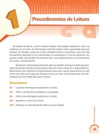 13
Caderno
de
Atividades
Procedimentos de Leitura
Na prática da leitura, o aluno deverá localizar informações explícitas e inferir as
implícitas em um texto. As informações implícitas exigem maior capacidade para que
possam ser inferidas, exige que o leitor extrapole o texto e reconheça o que não está
textualmente registrado e sim subentendido ou pressuposto. É preciso identificar não
apenas a idéia, mas também ler as entrelinhas, o que exige do aluno um conhecimento
de mundo, e outras leituras.
Na leitura e interpretação dos textos deve-se também distinguir os fatos apresen-
tados da opinião formada acerca desses fatos em textos narrativos e argumentativos.
Reconhecer essa diferença é importantíssimo para que o aluno possa tornar-se mais
crítico, de modo a ser capaz de distinguir o que é um fato, um acontecimento, da inter-
pretação que lhe é dada pelo autor do texto.
Descritores
D1 – Localizar informações explícitas em um texto.
D3 – Inferir o sentido de uma palavra ou expressão.
D4 – Inferir uma informação implícita em um texto.
D6 – Identificar o tema de um texto.
D14 – Distinguir um fato da opinião relativa a esse respeito.
 