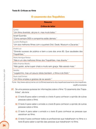 34
Língua
Portuguesa
–
Anos
Iniciais
do
Ensino
Fundamental
-
Prova
Brasil
-
2009
Texto B: Críticas ao filme
O casamento dos Trapalhões
Resumo
Crítica do leitor
Cyntia:
“Um filme divertido, dá pra rir, mas muito bobo.”
Israel Gusmão:
“Como sempre DIDI e companhia estão demais.”
Luciano Rodrigues:
“Um dos melhores filmes com o quarteto Didi, Dedé, Mussum e Zacarias.”
André Luiz:
“Grande sucesso de público e bem a cara dos anos 80. Que saudades dos
Trapalhões.”
Pedro Henrique Pereira:
“Não é um dos melhores filmes dos Trapalhões, mas diverte.”
Fábio Ananias Moisés:
“Não gostei, achei super chato e muito sem graça. Não assisto mais.”
Natália:
“Legalzinho, mas um pouco idiota (também, o filme é do Didi).”
Paulo José Emmer:
“Um filme simples e gostoso de se assistir.”
Fonte: http://www.adorocinema.com.br/filmes/casamento-dos-trapalhoes/casamento-dos-trapalhoes.
asp#Curiosidades
Se uma pessoa quisesse ter informações sobre o filme “O casamento dos Trapa-
27.
lhões”, ela leria:
O texto B para saber o enredo e o texto A para conhecer a opinião de outras
a)
pessoas sobre o filme.
O texto A para saber o enredo e o texto B para conhecer a opinião de outras
b)
pessoas sobre o filme.
O texto A para saber o enredo e o texto B para conhecer as pessoas que
c)
assistiram ao filme.
O texto A para conhecer todos os profissionais que trabalharam no filme e o
d)
texto B para saber a opinião das pessoas que trabalharam no filme.
 