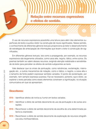 48Língua Portuguesa – Anos Finais do Ensino Fundamental - Prova Brasil - 2009 
Relação entre recursos expressivos 
e efeitos de sentido. 
O uso de recursos expressivos possibilita uma leitura para além dos elementos su-perficiais 
do texto e auxilia o leitor na construção de novos significados. Nesse sentido, 
o conhecimento de diferentes gêneros textuais proporciona ao leitor o desenvolvimento 
de estratégias de antecipação de informações que levam o leitor à construção de sig-nificados. 
Em diferentes gêneros textuais, tais como a propaganda, por exemplo, os recursos 
expressivos são largamente utilizados, como caixa alta, negrito, itálico, entre outros. Os 
poemas também se valem desses recursos, exigindo atenção redobrada e sensibilida-de 
do leitor para perceber os efeitos de sentido subjacentes ao texto. 
Vale destacar que os sinais de pontuação, como reticências, exclamação, interro-gação 
etc., e outros mecanismos de notação, como o itálico, o negrito, a caixa alta e 
o tamanho da fonte podem expressar sentidos variados. O ponto de exclamação, por 
exemplo, nem sempre expressa surpresa. Faz-se necessário, portanto, que o leitor, ao 
explorar o texto perceba como esses elementos constroem a significação, na situação 
comunicativa em que se apresentam. 
Descritores: 
D16 - Identificar efeitos de ironia ou humor em textos variados. 
D17 - Identificar o efeito de sentido decorrente do uso da pontuação e de outras ano-tações. 
D18 – Reconhecer o efeito de sentido decorrente da escolha de uma determinada pa-lavra 
ou expressão. 
D19 – Reconhecer o efeito de sentido decorrente da exploração de recursos ortográfi-cos 
e/ou morfossintáticos. 
 