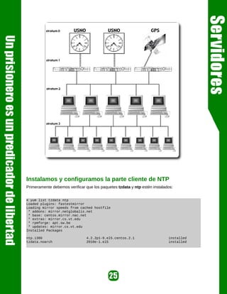 Instalamos y configuramos la parte cliente de NTP
Primeramente debemos verificar que los paquetes tzdata y ntp estén instalados:


# yum list tzdata ntp
Loaded plugins: fastestmirror
Loading mirror speeds from cached hostfile
 * addons: mirror.netglobalis.net
 * base: centos.mirror.nac.net
 * extras: mirror.cs.vt.edu
 * rpmforge: apt.sw.be
 * updates: mirror.cs.vt.edu
Installed Packages

ntp.i386                        4.2.2p1-9.el5.centos.2.1                   installed
tzdata.noarch                   2010e-1.el5                                installed
 