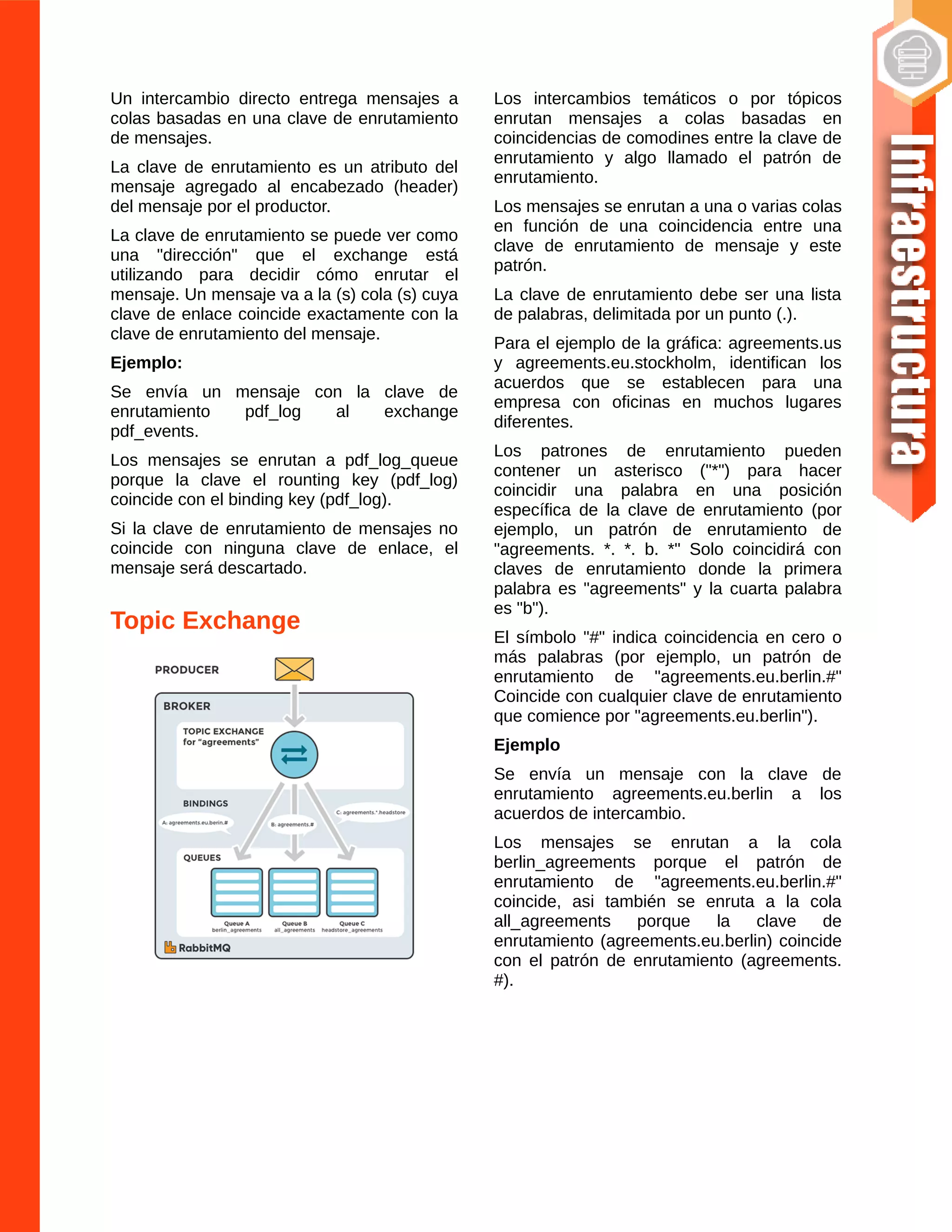 Un intercambio directo entrega mensajes a
colas basadas en una clave de enrutamiento
de mensajes.
La clave de enrutamiento es un atributo del
mensaje agregado al encabezado (header)
del mensaje por el productor.
La clave de enrutamiento se puede ver como
una "dirección" que el exchange está
utilizando para decidir cómo enrutar el
mensaje. Un mensaje va a la (s) cola (s) cuya
clave de enlace coincide exactamente con la
clave de enrutamiento del mensaje.
Ejemplo:
Se envía un mensaje con la clave de
enrutamiento pdf_log al exchange
pdf_events.
Los mensajes se enrutan a pdf_log_queue
porque la clave el rounting key (pdf_log)
coincide con el binding key (pdf_log).
Si la clave de enrutamiento de mensajes no
coincide con ninguna clave de enlace, el
mensaje será descartado.
Topic Exchange
Los intercambios temáticos o por tópicos
enrutan mensajes a colas basadas en
coincidencias de comodines entre la clave de
enrutamiento y algo llamado el patrón de
enrutamiento.
Los mensajes se enrutan a una o varias colas
en función de una coincidencia entre una
clave de enrutamiento de mensaje y este
patrón.
La clave de enrutamiento debe ser una lista
de palabras, delimitada por un punto (.).
Para el ejemplo de la gráfica: agreements.us
y agreements.eu.stockholm, identifican los
acuerdos que se establecen para una
empresa con oficinas en muchos lugares
diferentes.
Los patrones de enrutamiento pueden
contener un asterisco ("*") para hacer
coincidir una palabra en una posición
específica de la clave de enrutamiento (por
ejemplo, un patrón de enrutamiento de
"agreements. *. *. b. *" Solo coincidirá con
claves de enrutamiento donde la primera
palabra es "agreements" y la cuarta palabra
es "b").
El símbolo "#" indica coincidencia en cero o
más palabras (por ejemplo, un patrón de
enrutamiento de "agreements.eu.berlin.#"
Coincide con cualquier clave de enrutamiento
que comience por "agreements.eu.berlin").
Ejemplo
Se envía un mensaje con la clave de
enrutamiento agreements.eu.berlin a los
acuerdos de intercambio.
Los mensajes se enrutan a la cola
berlin_agreements porque el patrón de
enrutamiento de "agreements.eu.berlin.#"
coincide, asi también se enruta a la cola
all_agreements porque la clave de
enrutamiento (agreements.eu.berlin) coincide
con el patrón de enrutamiento (agreements.
#).
 