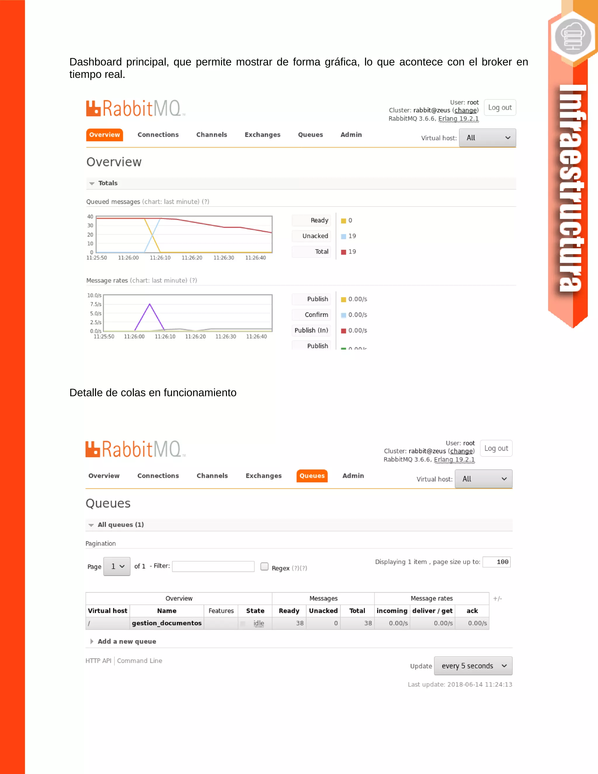Dashboard principal, que permite mostrar de forma gráfica, lo que acontece con el broker en
tiempo real.
Detalle de colas en funcionamiento
 