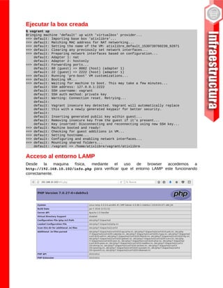 Ejecutar la box creada
$ vagrant up
Bringing machine 'default' up with 'virtualbox' provider...
==> default: Importing base box 'atixlibre'...
==> default: Matching MAC address for NAT networking...
==> default: Setting the name of the VM: atixlibre_default_1530739760230_92871
==> default: Clearing any previously set network interfaces...
==> default: Preparing network interfaces based on configuration...
default: Adapter 1: nat
default: Adapter 2: hostonly
==> default: Forwarding ports...
default: 80 (guest) => 8082 (host) (adapter 1)
default: 22 (guest) => 2222 (host) (adapter 1)
==> default: Running 'pre-boot' VM customizations...
==> default: Booting VM...
==> default: Waiting for machine to boot. This may take a few minutes...
default: SSH address: 127.0.0.1:2222
default: SSH username: vagrant
default: SSH auth method: private key
default: Warning: Connection reset. Retrying...
default:
default: Vagrant insecure key detected. Vagrant will automatically replace
default: this with a newly generated keypair for better security.
default:
default: Inserting generated public key within guest...
default: Removing insecure key from the guest if it's present...
default: Key inserted! Disconnecting and reconnecting using new SSH key...
==> default: Machine booted and ready!
==> default: Checking for guest additions in VM...
==> default: Setting hostname...
==> default: Configuring and enabling network interfaces...
==> default: Mounting shared folders...
default: /vagrant => /home/atixlibre/vagrant/atixlibre
Acceso al entorno LAMP
Desde la maquina física, mediante el uso de browser accedemos a
http://192.168.10.102/info.php para verificar que el entorno LAMP este funcionando
correctamente.
 