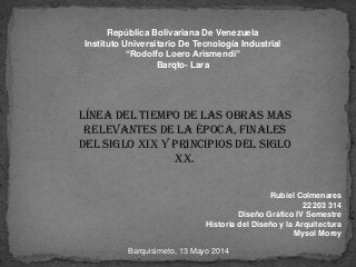 República Bolivariana De Venezuela
Instituto Universitario De Tecnología Industrial
“Rodolfo Loero Arismendi”
Barqto- Lara
Línea del tiempo de las obras mas
relevantes de la época, finales
del siglo XIX y principios del siglo
XX.
Rubiel Colmenares
22 203 314
Diseño Gráfico IV Semestre
Historia del Diseño y la Arquitectura
Mysol Morey
Barquisimeto, 13 Mayo 2014
 