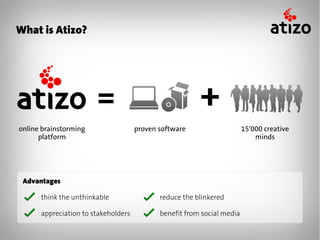 What is Atizo?




online brainstorming                 proven software                    15'000 creative
      platform                                                              minds




 Advantages

      think the unthinkable                 reduce the blinkered

      appreciation to stakeholders          benefit from social media
 