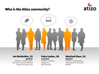Who is the Atizo community?




    Jan Burkhalter, 23            Petra Lauber, 38   Manfred Gloor, 52
                      gardener    economist          physician
       Hobbies: outdoor sports    Hobbies: cooking   Hobbies: motorcycling
    150 tons of waste collected   Happy Tea          motorcycle of the future
          (Mammut Sports AG)      (Bischofszell)     (BMW)
 